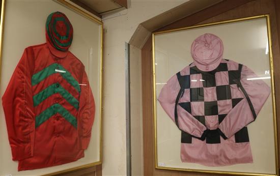 A framed pair of jockey silks